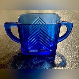 Hazel Atlas double handled cobalt blue sugar bowl Chevron design vintage